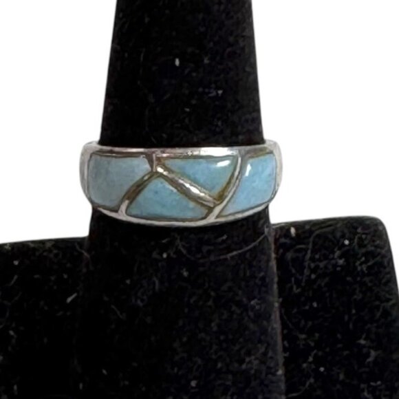 Vintage Larimar ZigZag Sterling Silver 925 Blue Stone Inlay Ring Size 7 Artisan - Picture 1 of 6